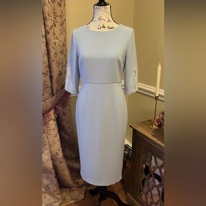 Fehaute Elegant Pale Blue Midi Dress with Pearl Accents